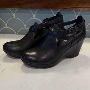 Dansko Black Leather Wedge Booties